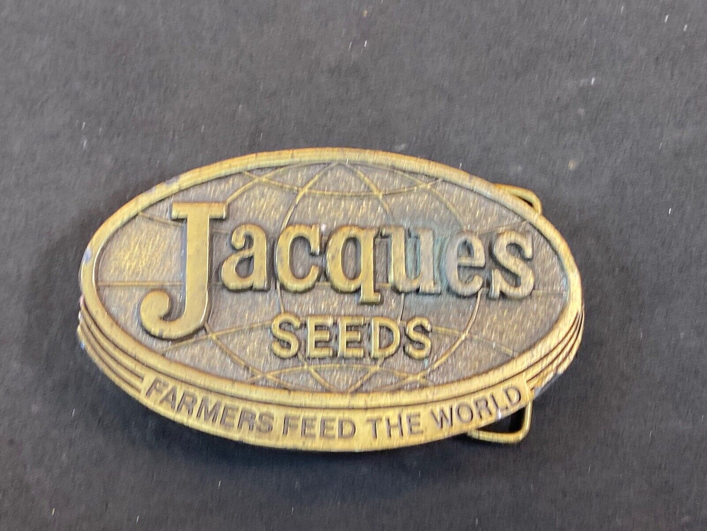 Vintage 1977 Jacques Seeds belt buckle - Farmers feed the world by lewis