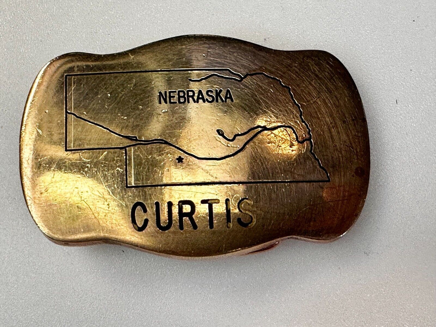 The Great States of NEBRASKA Map City of Curtis Commemorative Brass Belt Buckle