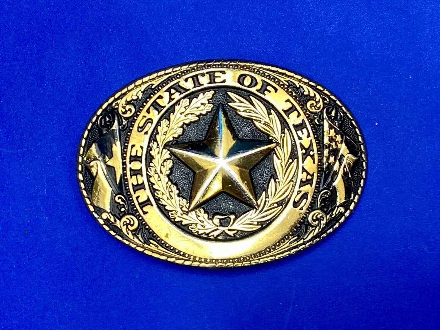 The State Of Texas Star Flag Ornate Gold Color Western Belt Buckle Marked W