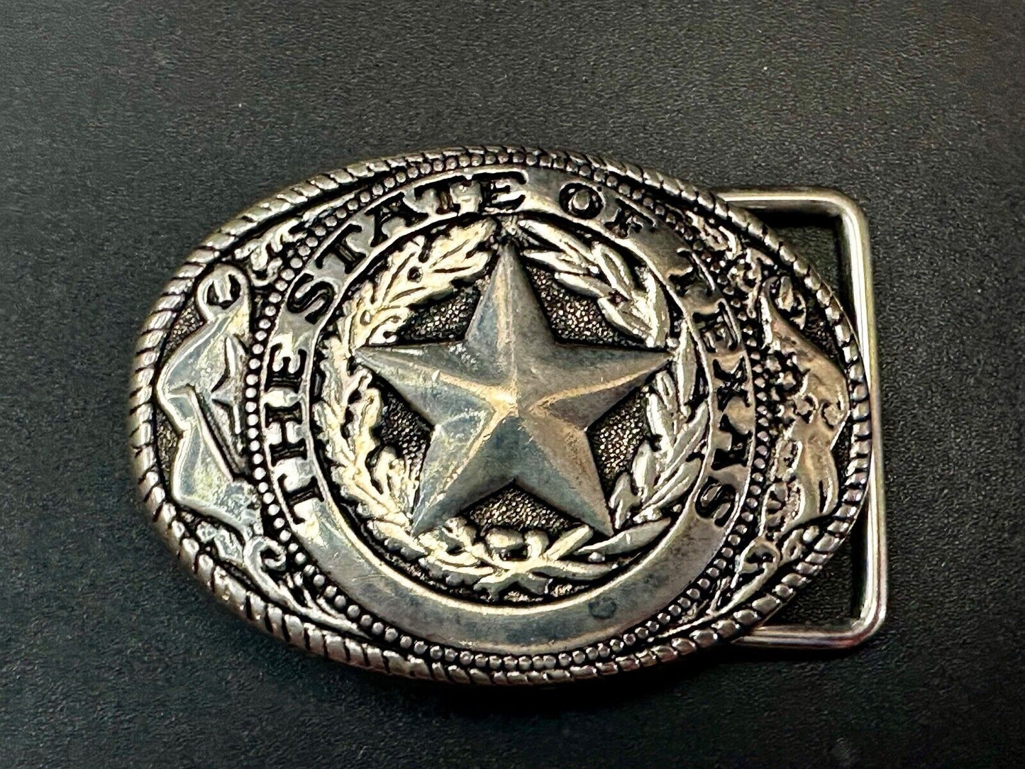 The Great State of Texas Star Flag Theme Vintage Silver tone western Belt Buckle