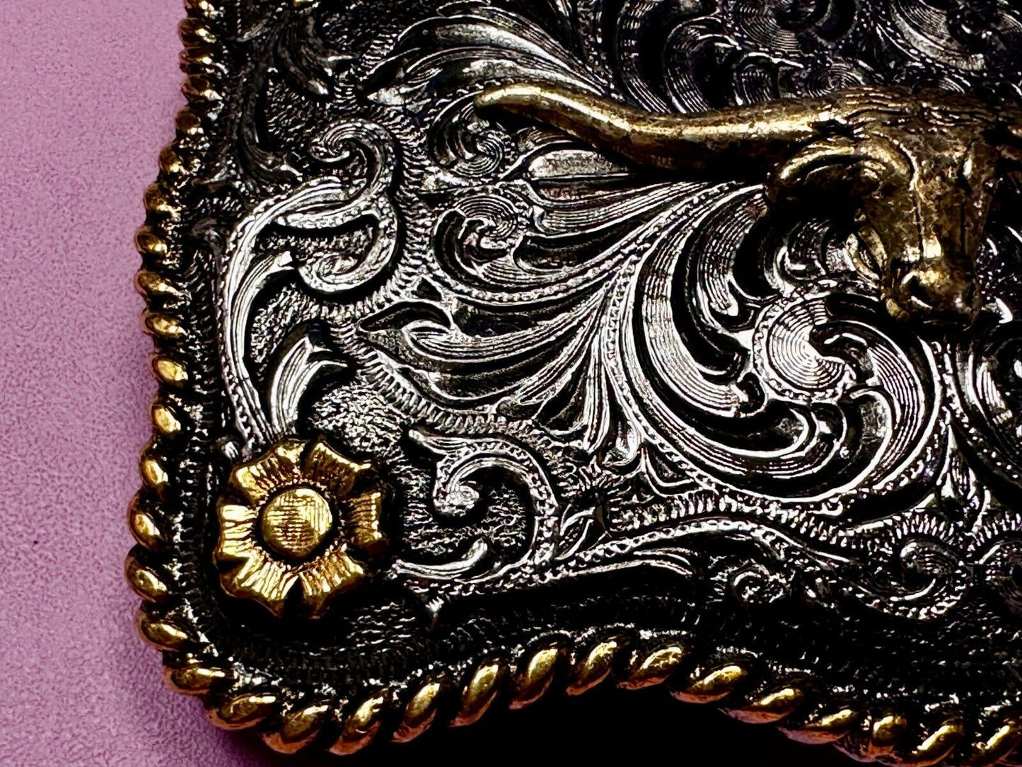 Texas Longhorn Centerpiece Two Tone Ornate Floral Themed Belt Buckle