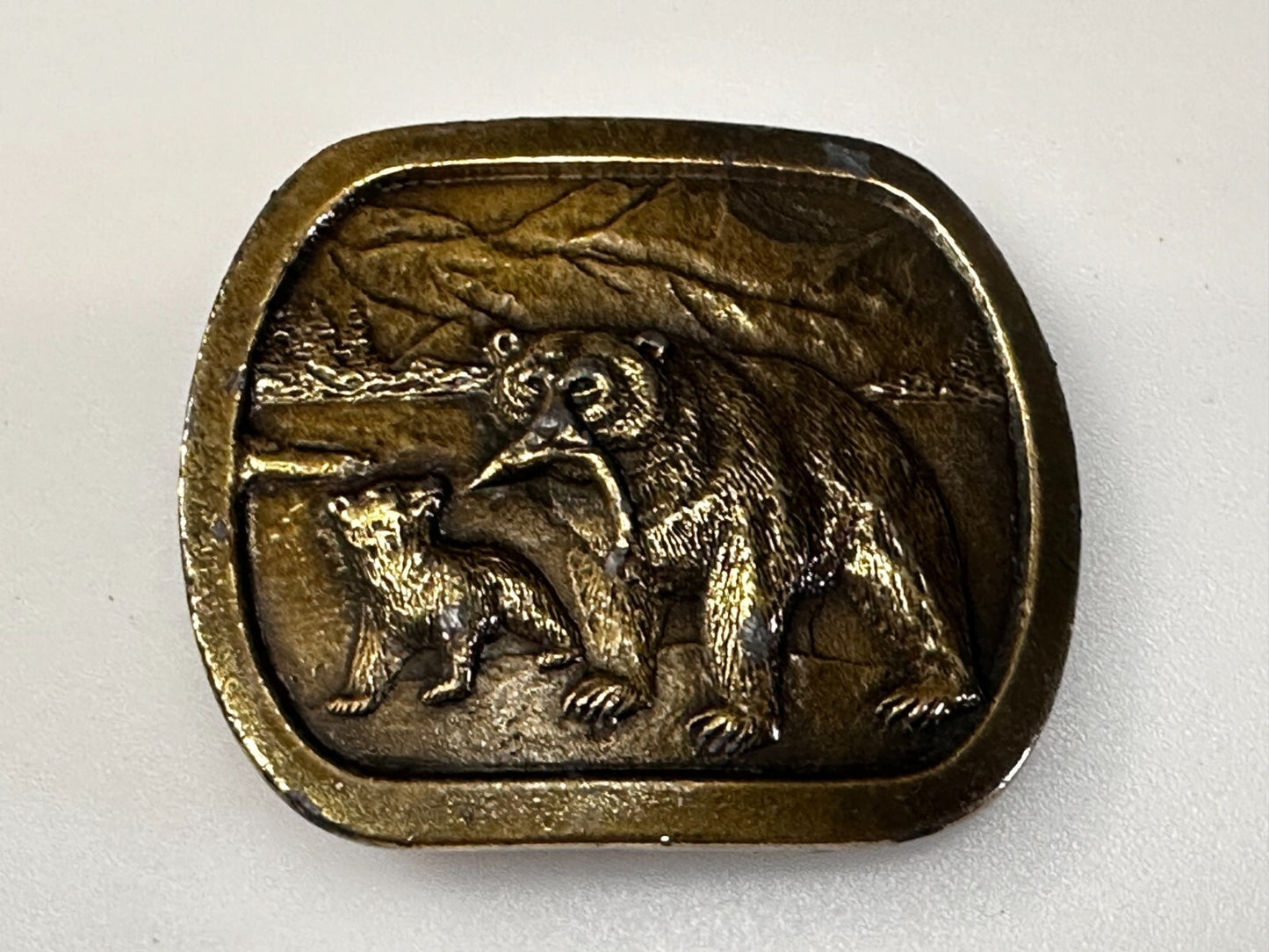 Bear with Cub Learn to Hunt Fish Mountain Scene 1976 Indiana Metal Belt Buckle