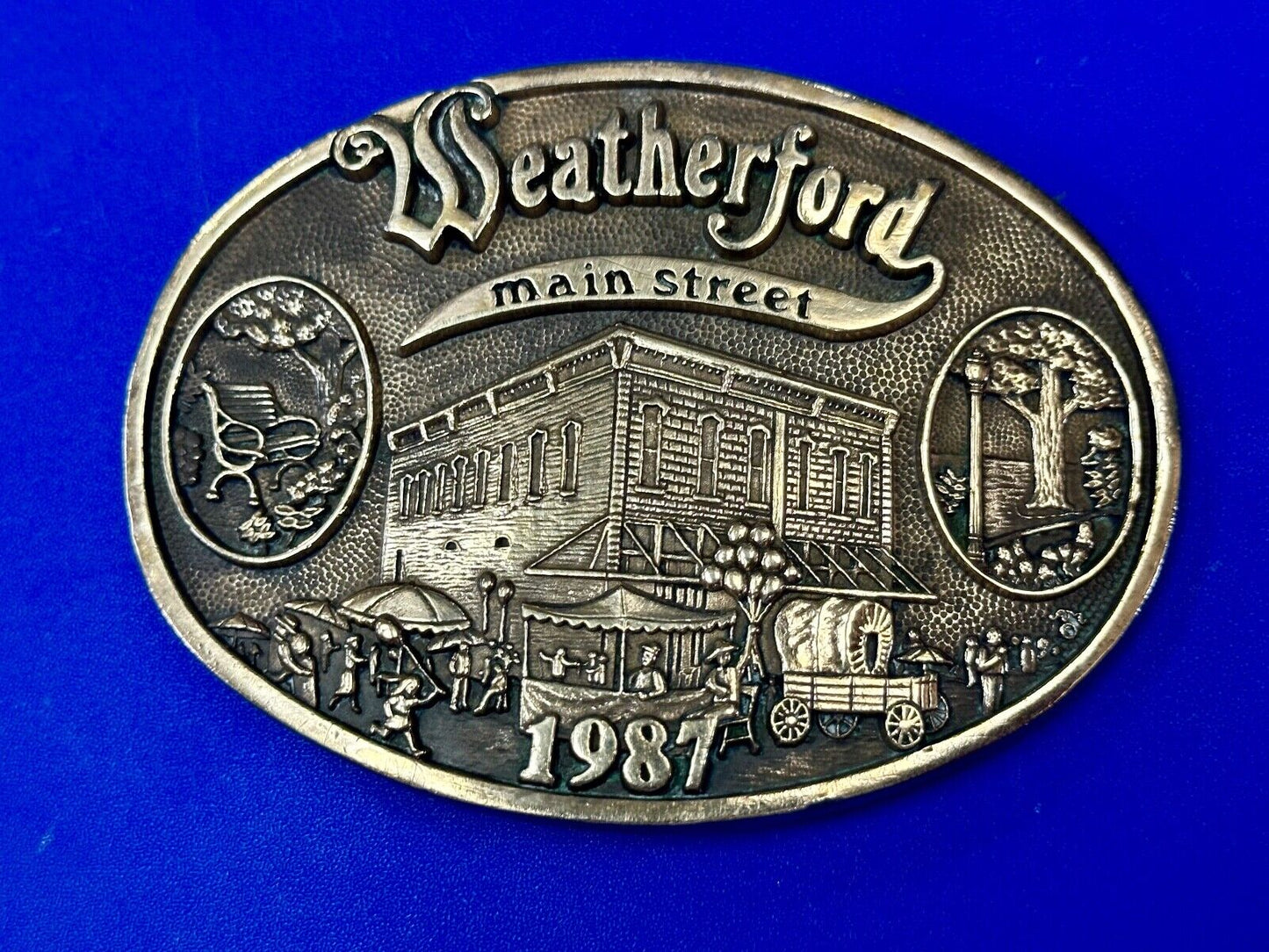 Texas Weatherford Main Street - vintage 1987 LIMITED ADM solid brass belt buckle