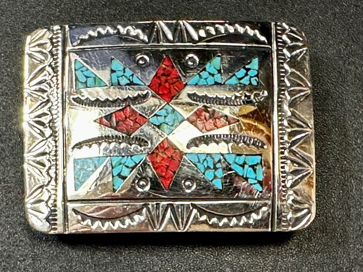 Turquoise & Coral Navajo / Native American Style Artisan 2" Belt Buckle