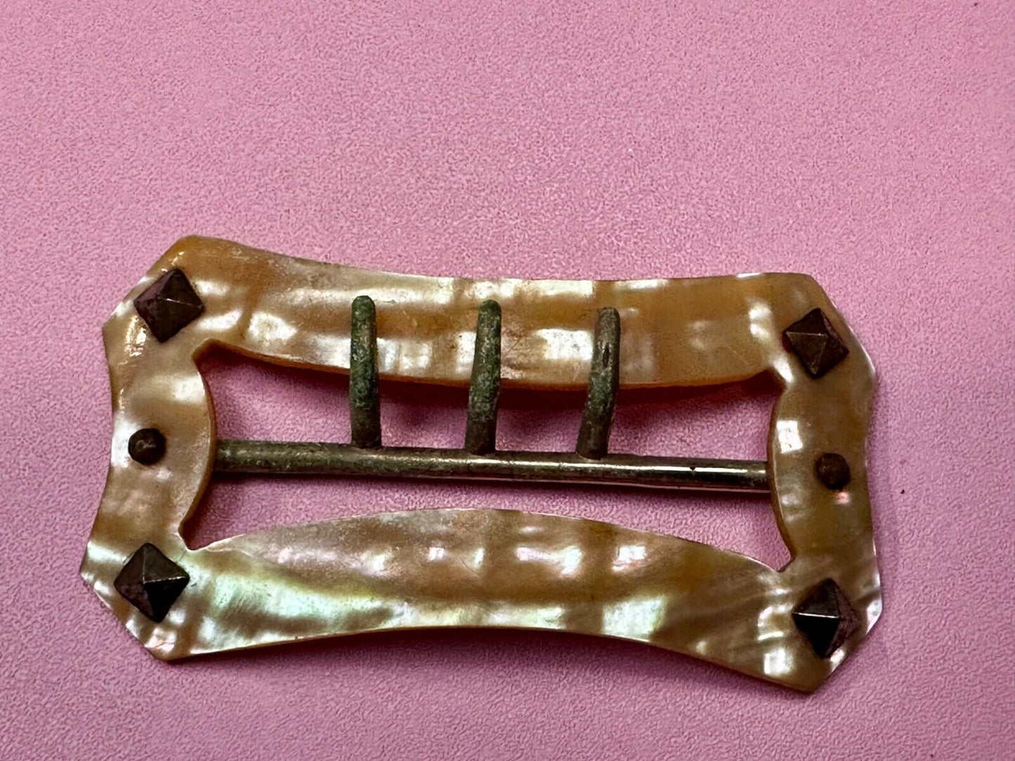 Three Prong Antique Vintage Mop Mother Of Pearl 3" Wide Belt Buckle