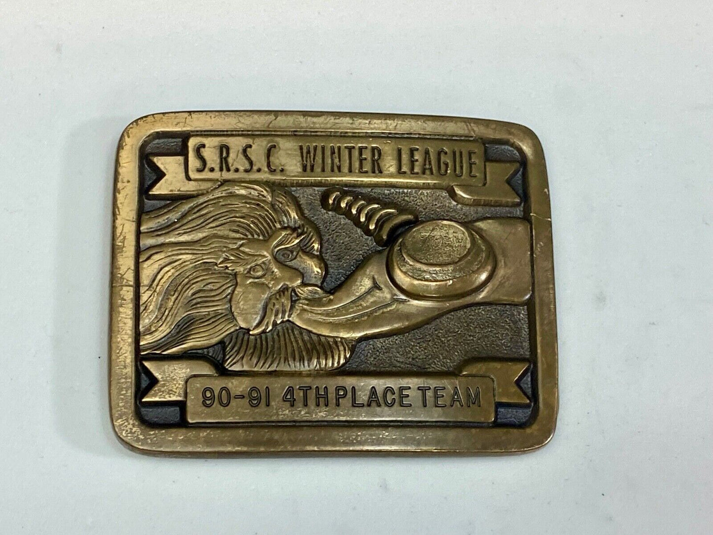 Vintage 1990 Trophy Belt Buckle Srsc Winter League Sports Teams Old Man Winter