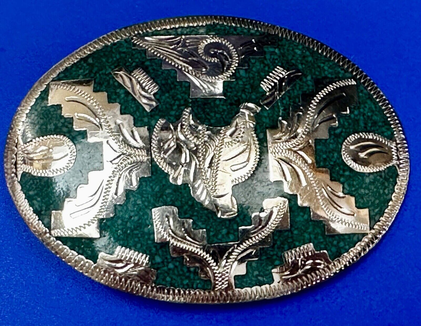 Beautiful Horse Saddle Alpaca Inlaid Southwestern Belt Buckle see magnified view