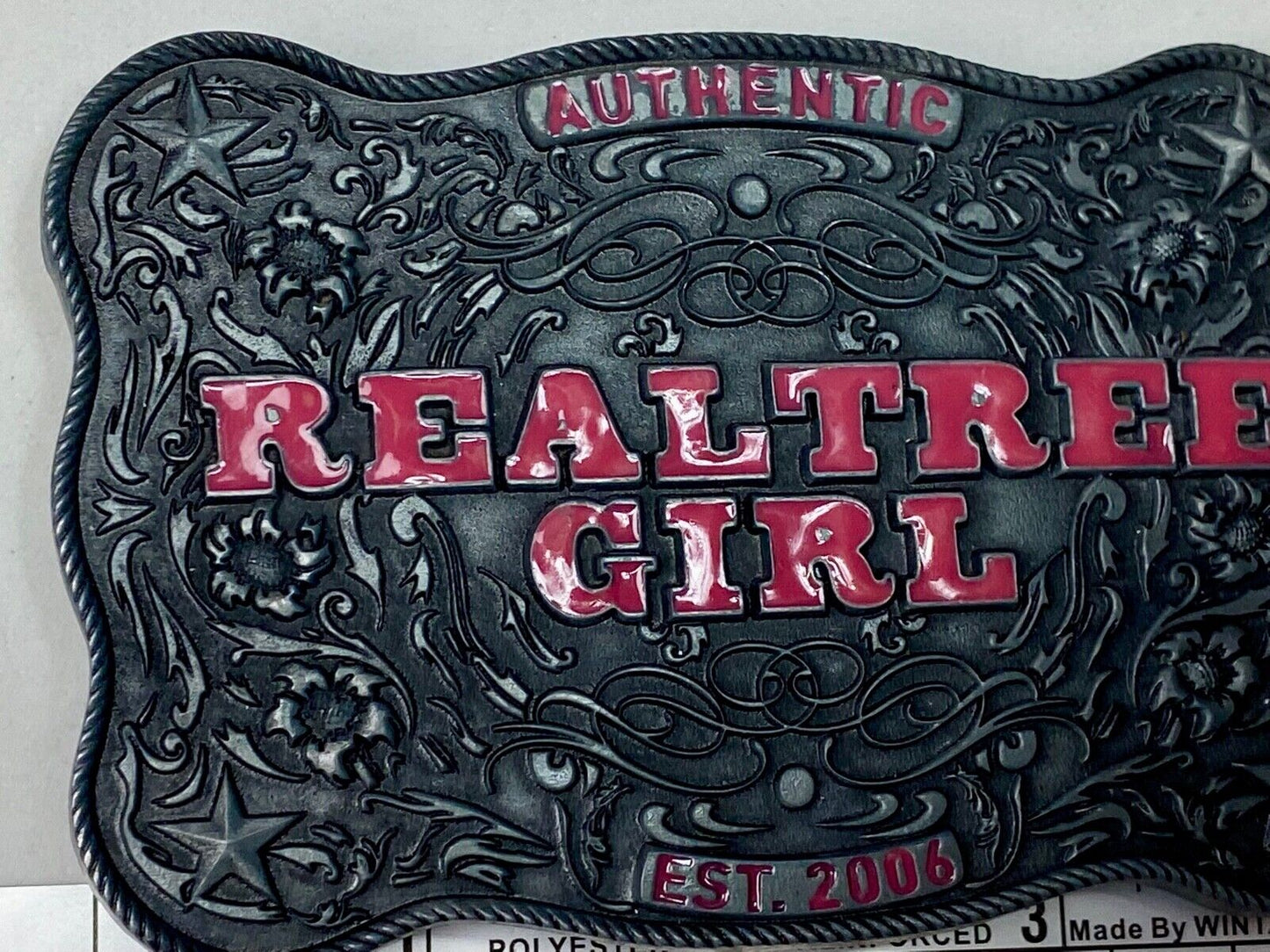 Authentic Realtree Girl Girlie Western Cowgirl Pink Lettering Ornate Belt Buckle