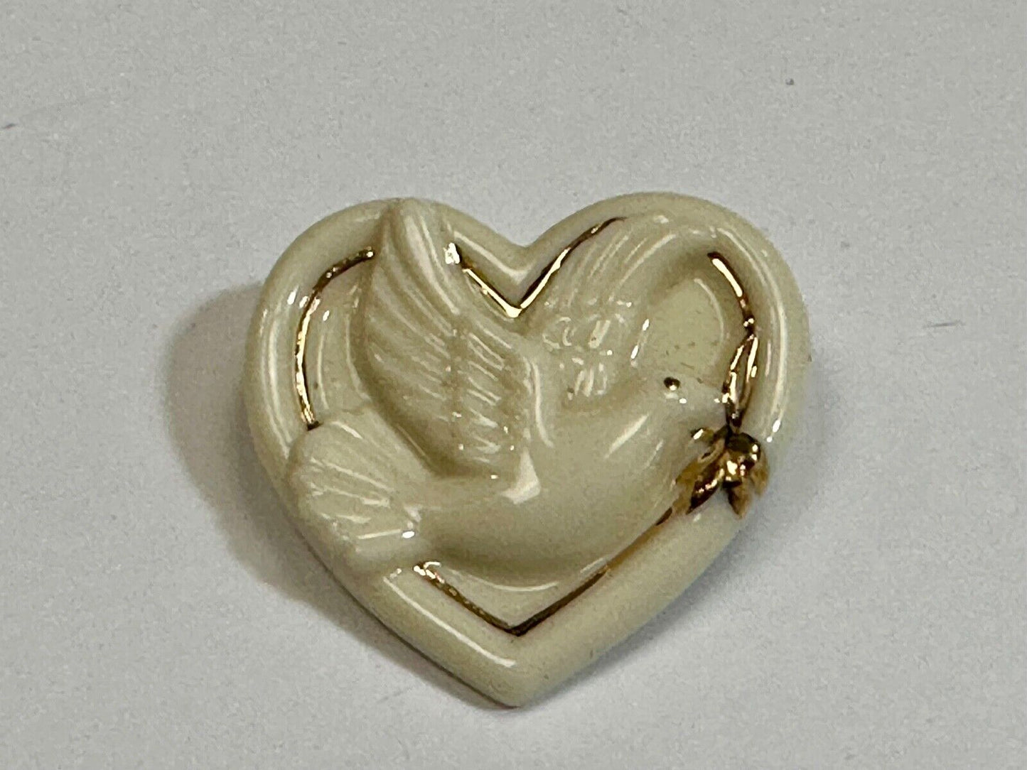 Vintage Lenox Heart Shaped Brooch with Peace Dove & Olive Branch, Gold Trim