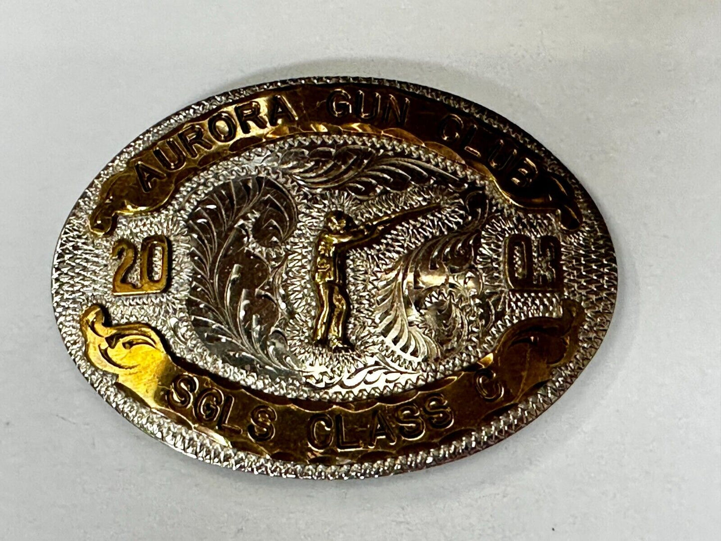 Aurora Gun Club Singles Class C 2003 Defensive Pistol Trophy Award Belt Buckle