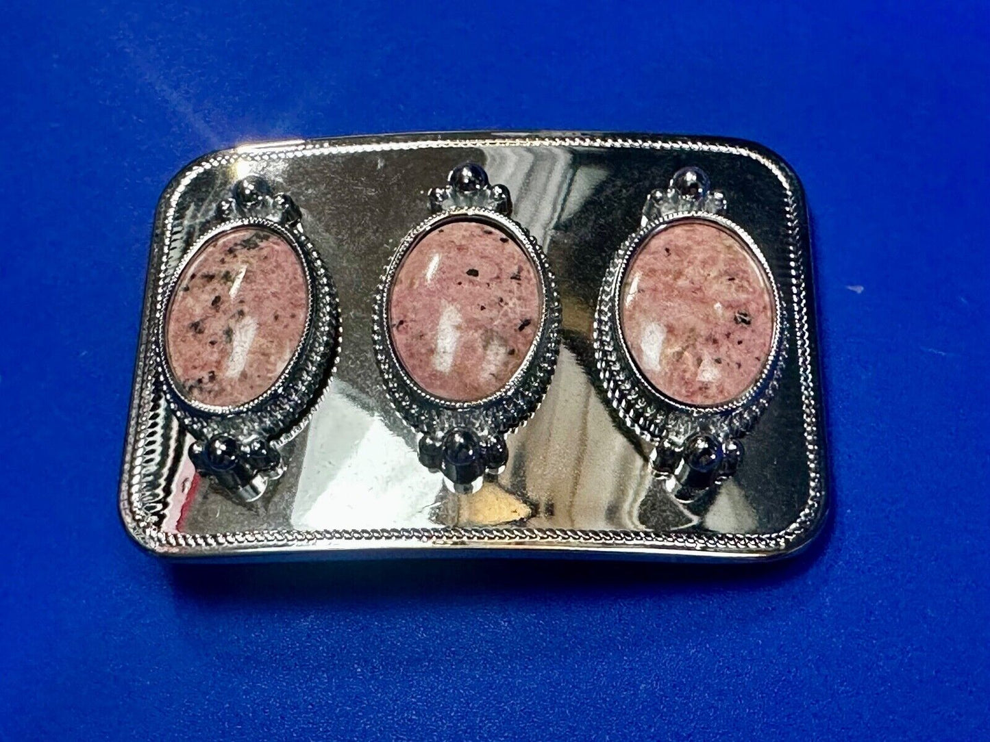 Three Piece Pink Cabochon Cab Stones on reflective silver color Belt Buckle