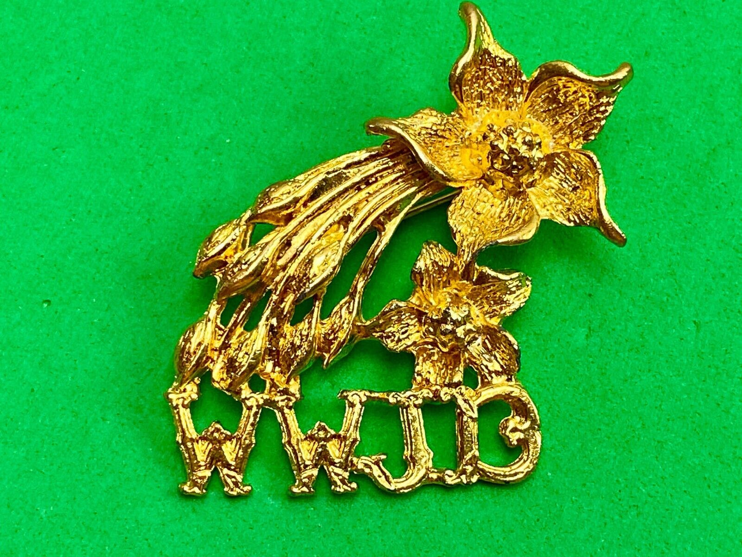 Vintage Brooch Pin WWJD What Would Jesus Do Flowers Gold Tone