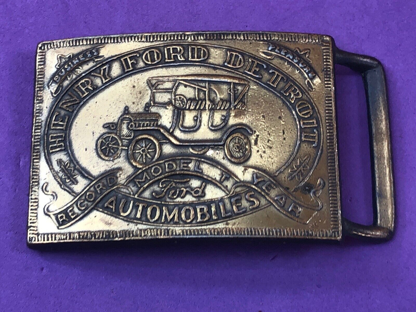 Vintage Henry Ford Detroit Model T Belt & Buckle Auto Car Manufacture