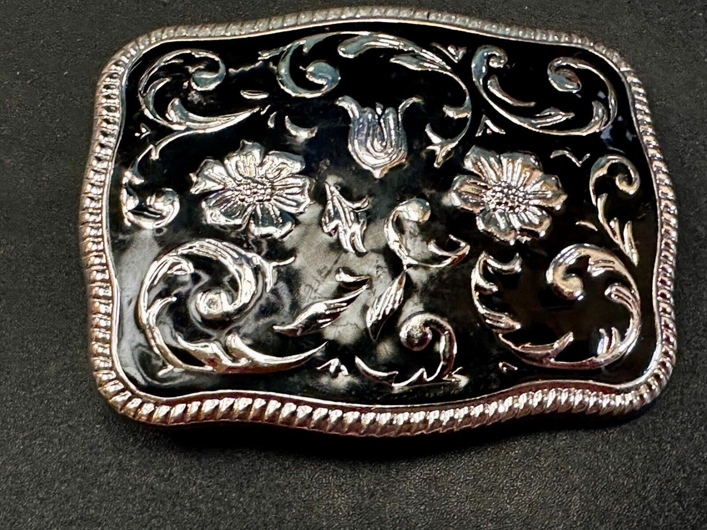 Black & Silver Color Ornate Western Flower Swirl Floral Theme Belt Buckle