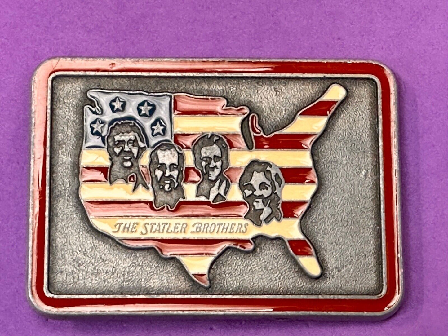 The Statler Brothers American Flag Country Shaped background band belt buckle