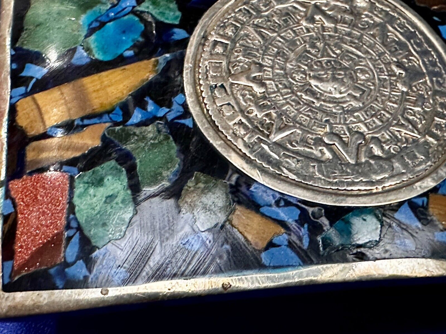Aztec Mayan Calendar Sun God Face Turquoise Multi Stone Chip Inlay Belt Buckle