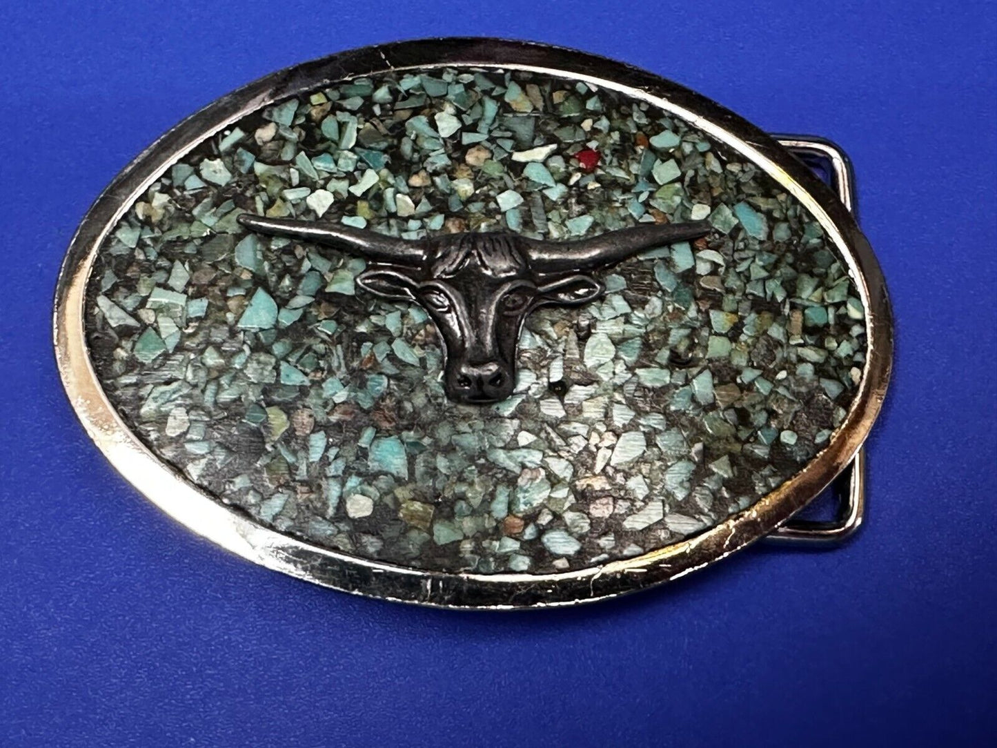 Turquoise chip inlaid Cowboys Cowgirls Longhorn Rodeo Cow Steer Oval Belt Buckle
