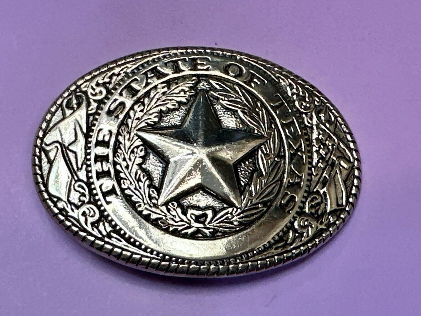 The Great State of TEXAS Star Flag Olive Branch Gold Tone Oval Belt Buckle