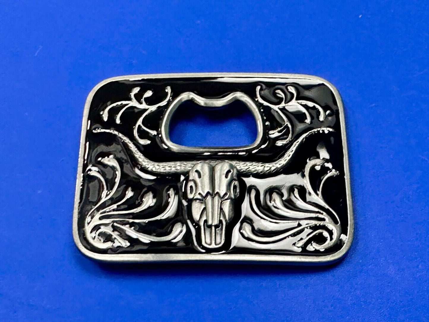 Texas longhorn - black and silver color belt buckle bottle opener