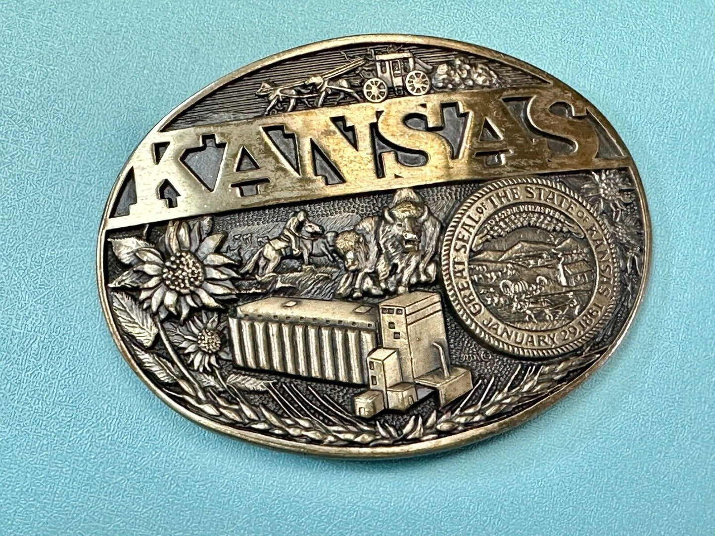 The Great State of Kansas Vintage Solid Brass ADM Belt Buckle