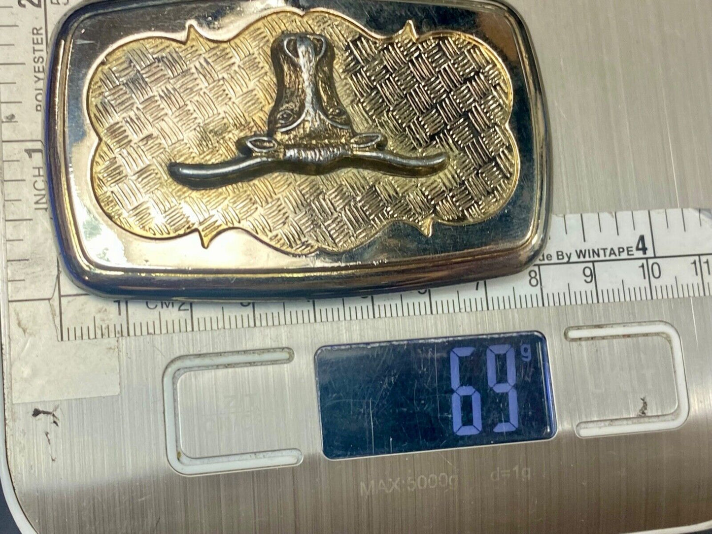 Vintage gold tone Texas Longhorn Steer mesh background western belt buckle