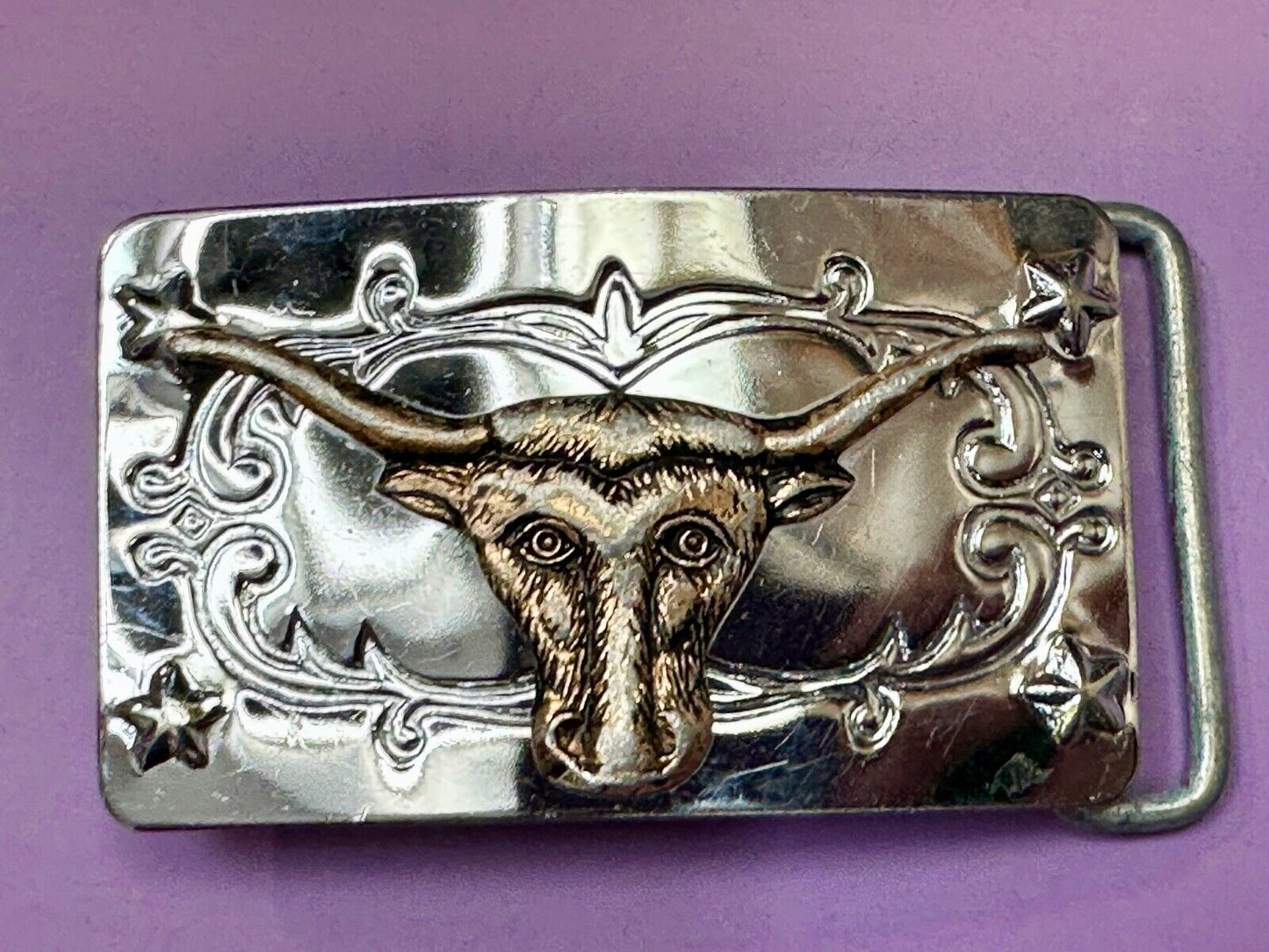 Texas Longhorn Cow Steer on Vintage two tone reflective western Belt Buckle