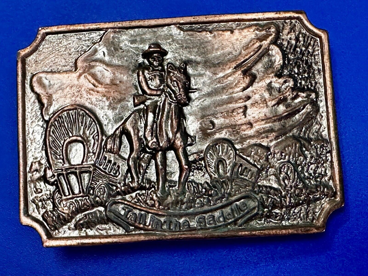 Tall in the Saddle Wagon Cowboy Horse Western Art Scene Vintage Belt Buckle