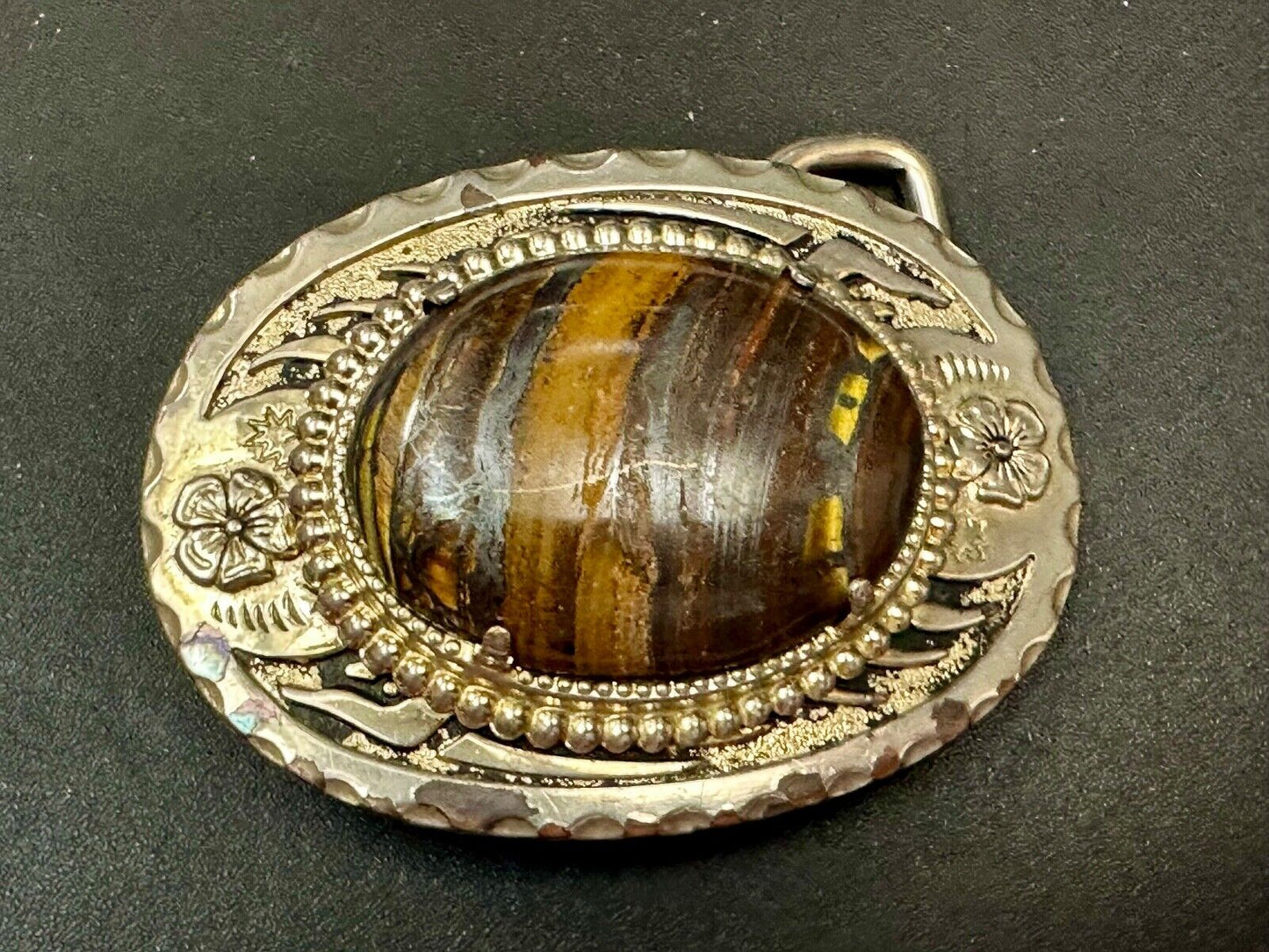 TIGER IRON Vintage Cabochon Cab Stone Centerpiece on Western Belt Buckle