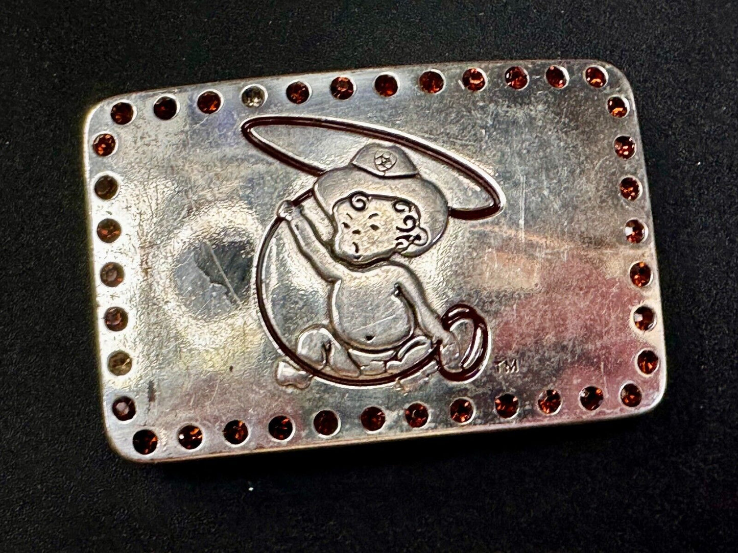 Baby Cowboy Roping Red Rhinestone Border Western Framed Ariat Belt Buckle