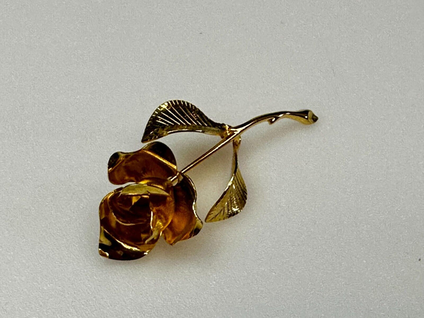 Beautiful Long Stem Rose Flower Gold Tone Vintage Brooch Pin Signed by Cerrito