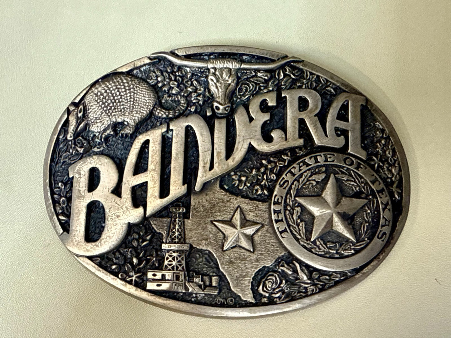 Bandera Texas State Seal , Oil, Star, Longhorn Vtg ADM Solid Brass Belt Buckle