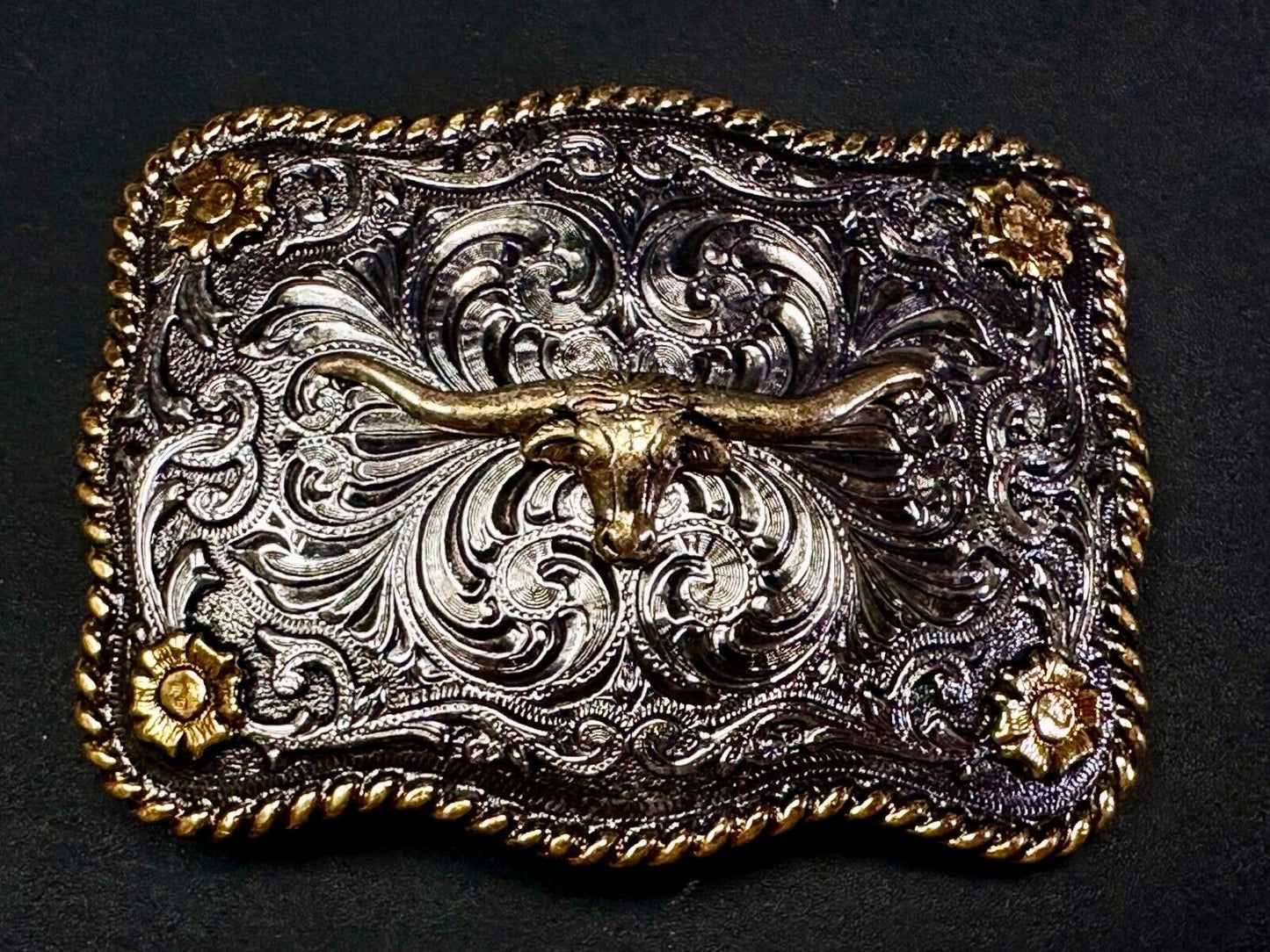 Texas Longhorn Centerpiece Two Tone Ornate Floral Themed Belt Buckle