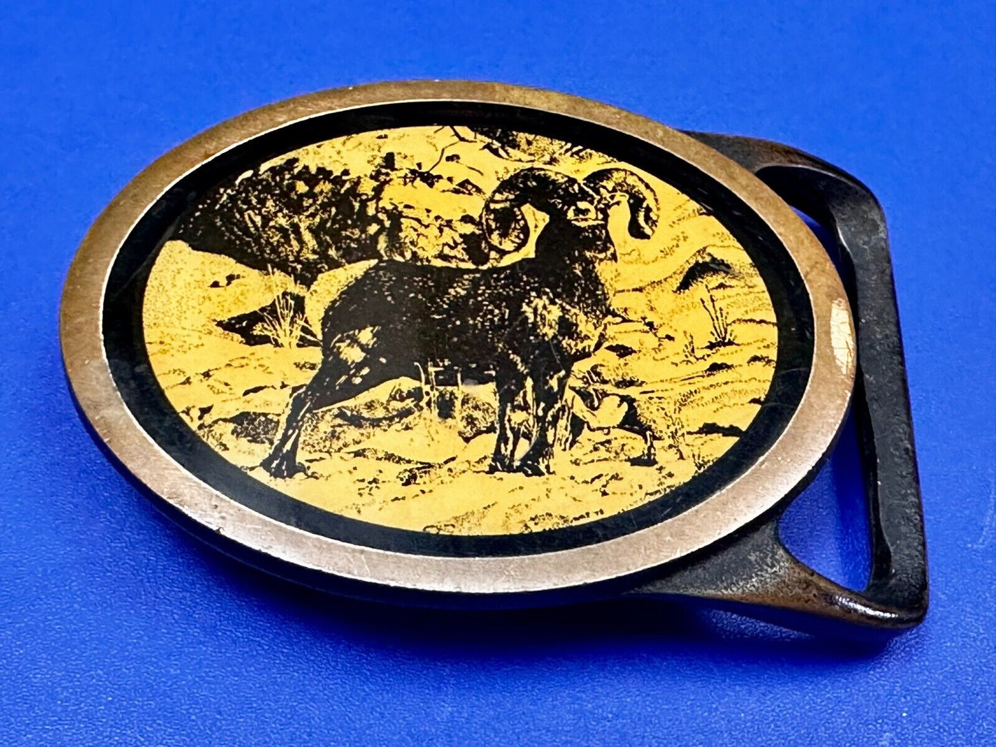 Bighorn Ram Mountain Goat Wildlife Scene Vintage Tech Ether Guild Belt Buckle