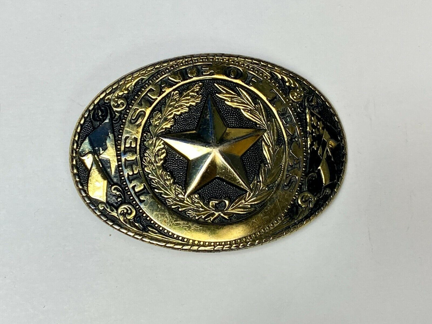 The State Of Texas Star Flag Ornate Gold Color Western Belt Buckle Marked W