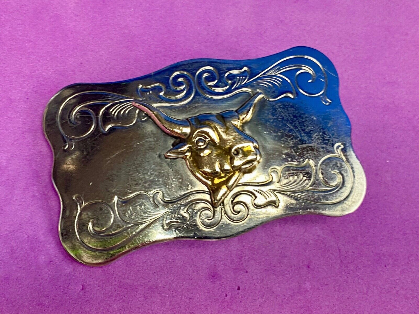 Vintage Chaimbers Nickel Silver Cow Steer Head bust belt buckle