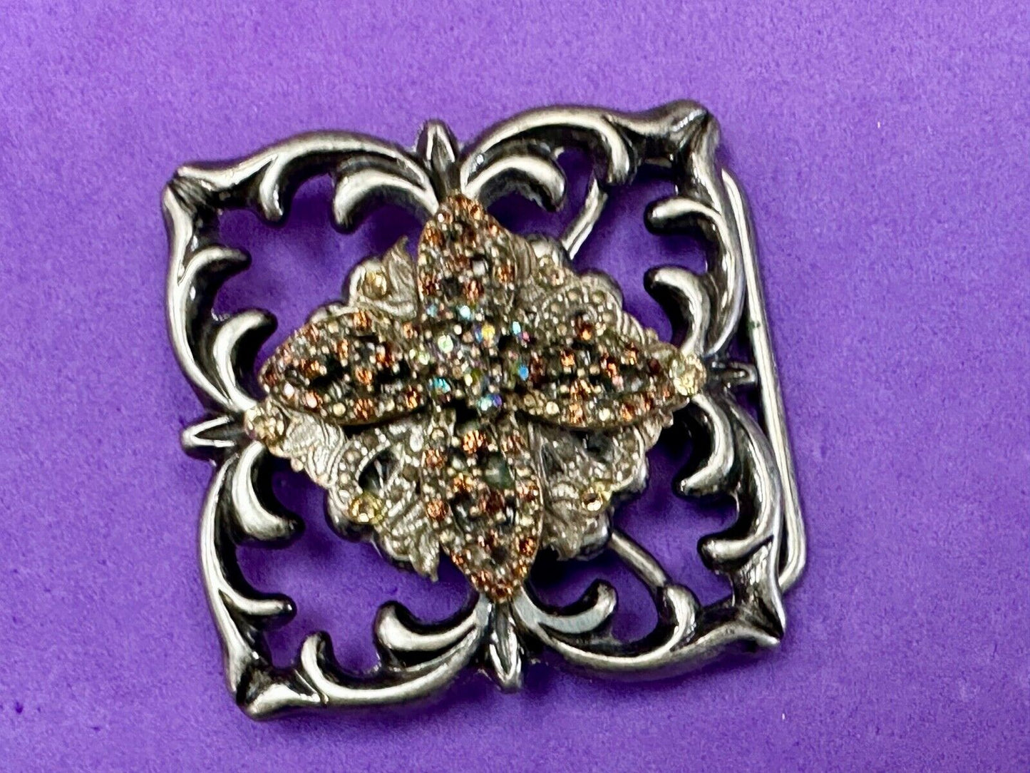 Artisan unique rhinestone mixed media see through silver tone belt buckle