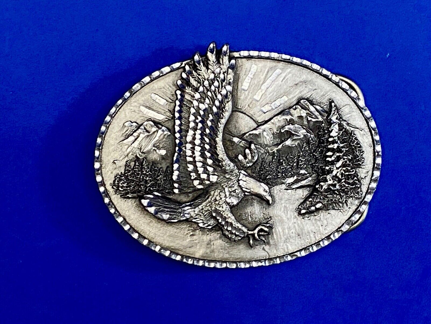 Vintage 1982 Majestic American Eagle Flying Over Mountains Belt Buckle