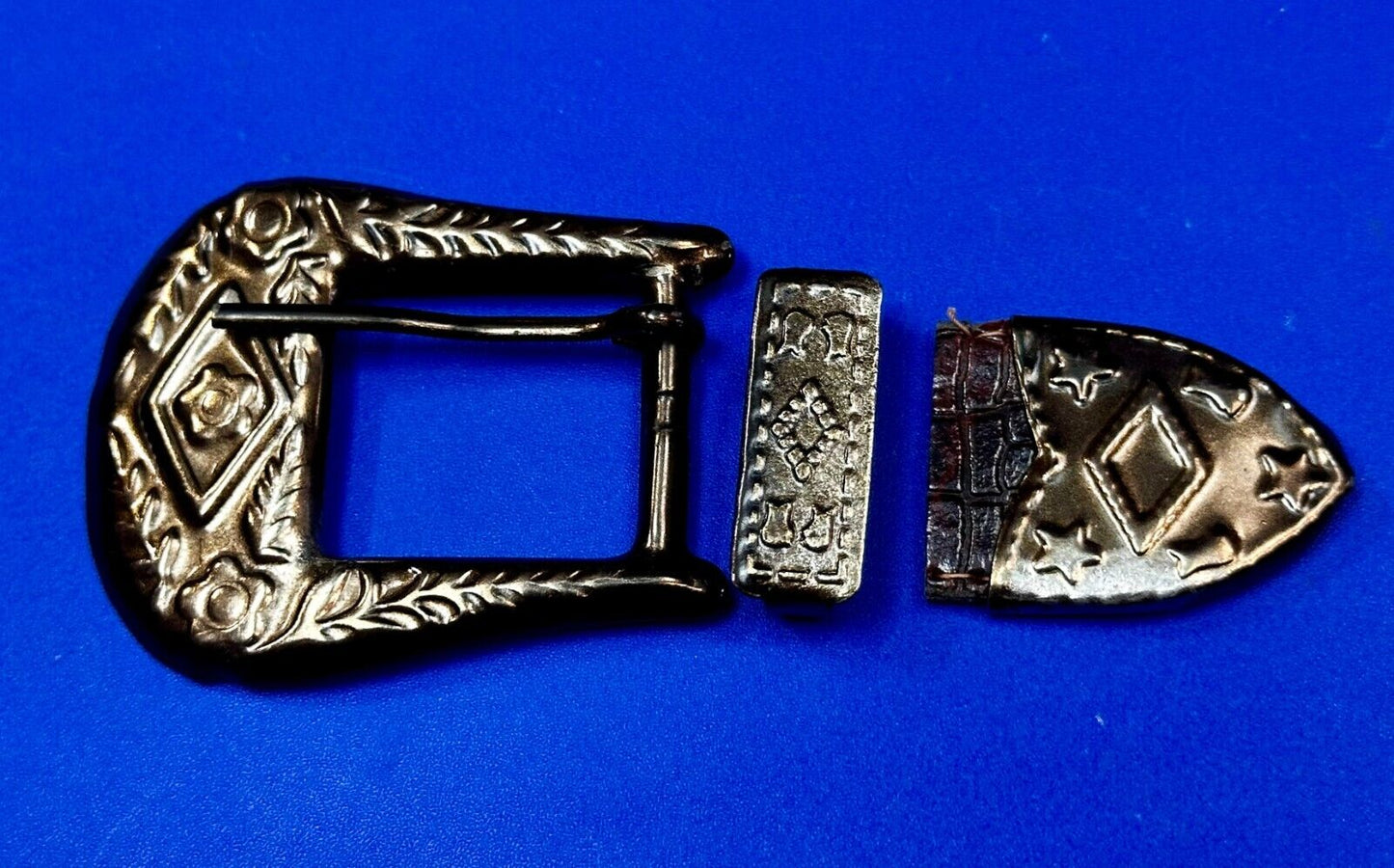 Three Piece Vintage Ranger Silver Tone Belt Buckle Set - Keeper & Tip Included