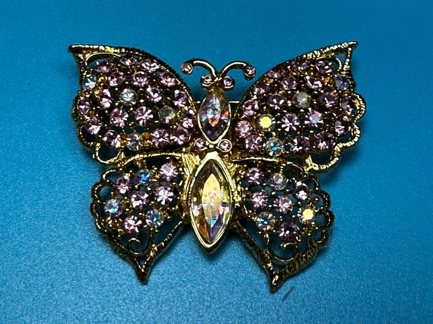 Aurora Borealis Butterfly Jeweled Insect Figural Brooch Pin Signed By Graziano