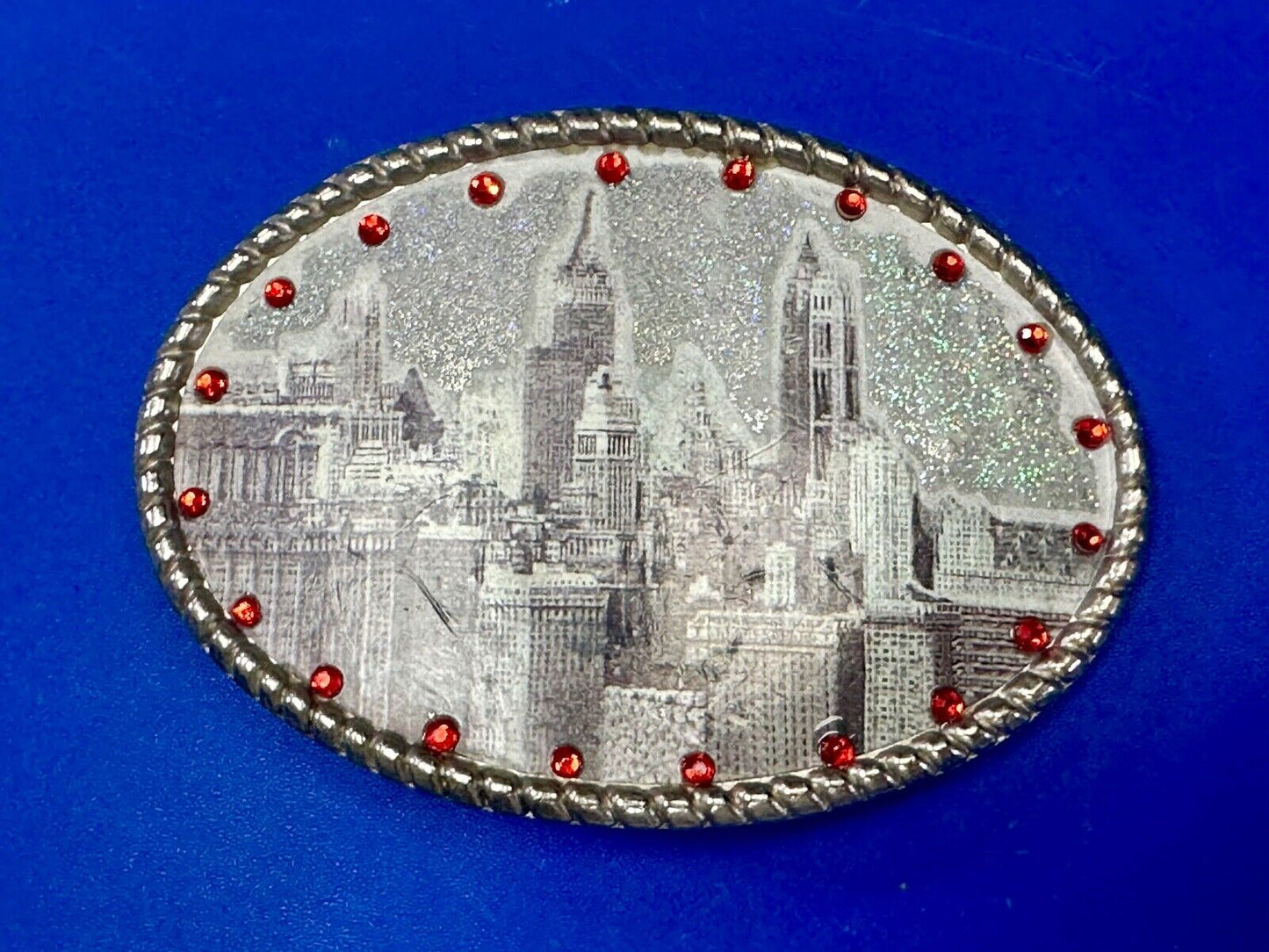 Vintage City Scape Picture Red Rhinestone Accented Oval Belt Buckle