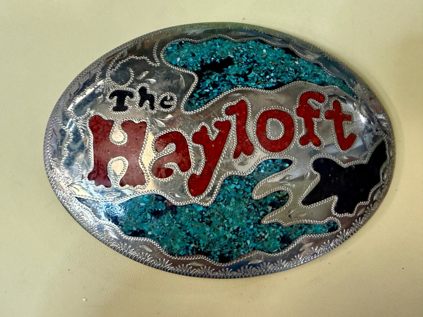 The Hayloft Large Turquoise Inlaid Champion's Choice Silver Belt Buckle CCS&S
