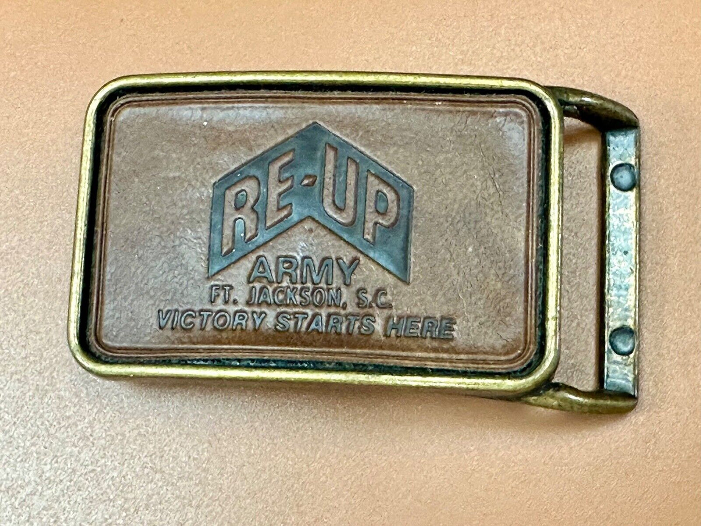 Army Re-up Ft Jackson SC Victory starts here leather & brass tone belt buckle