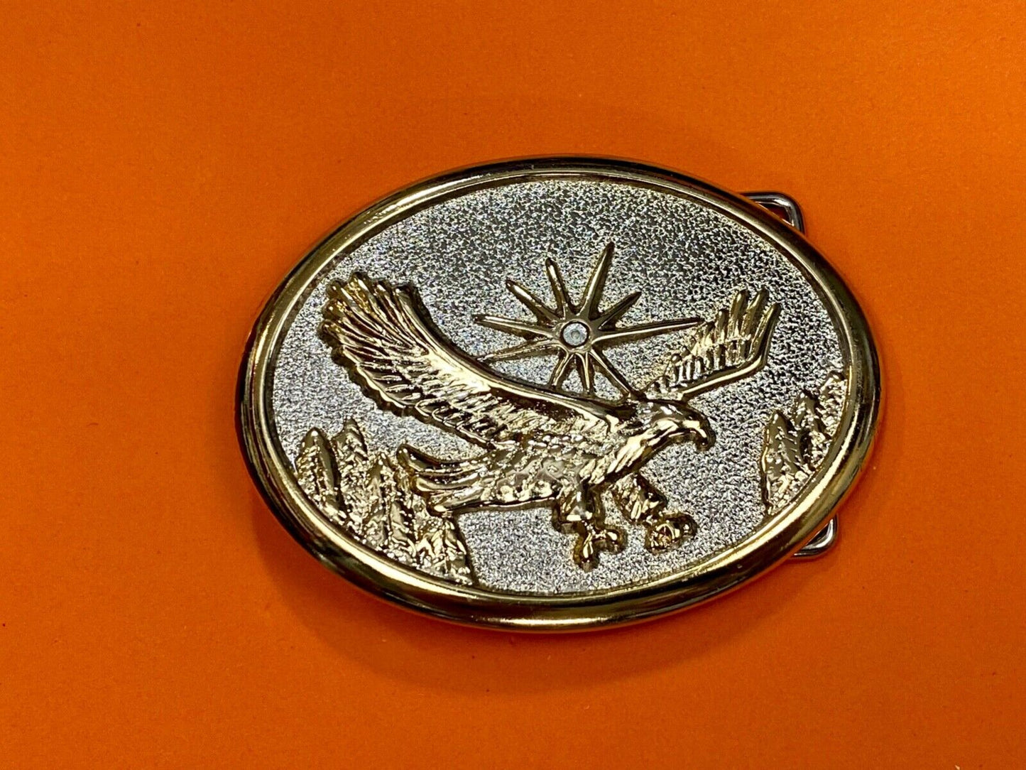 Vintage Eagle Flying Over Mountains W/ Sunburst two tone oval belt buckle
