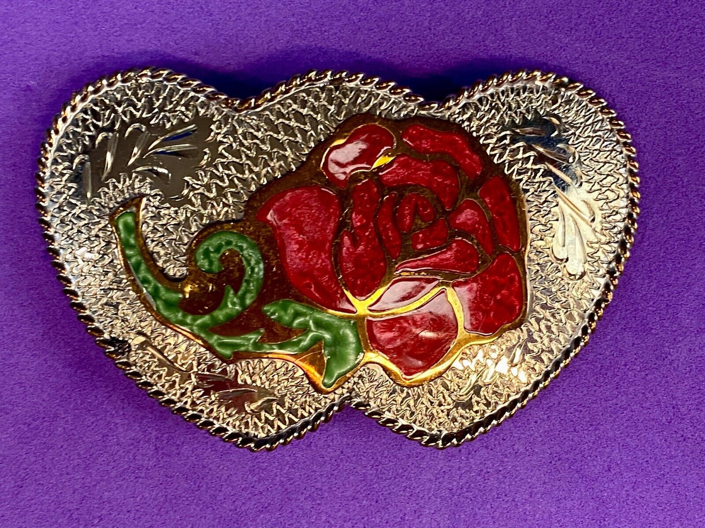 Beautiful J. TEDDER signed three HEART's and rose western belt buckle