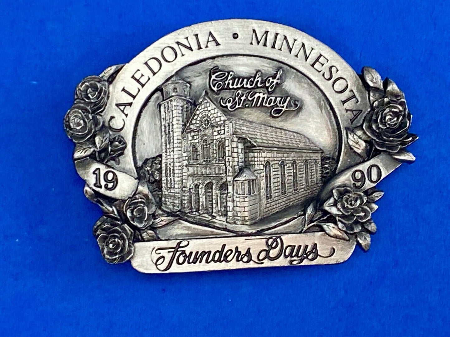 Vintage 1990 - Founder’s Days Caledonia MN belt buckle - Church of St Mary