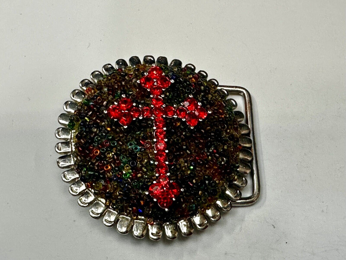 Artisan Religious Red Cross Rhinestone Covered Unique Round Chunky Belt Buckle