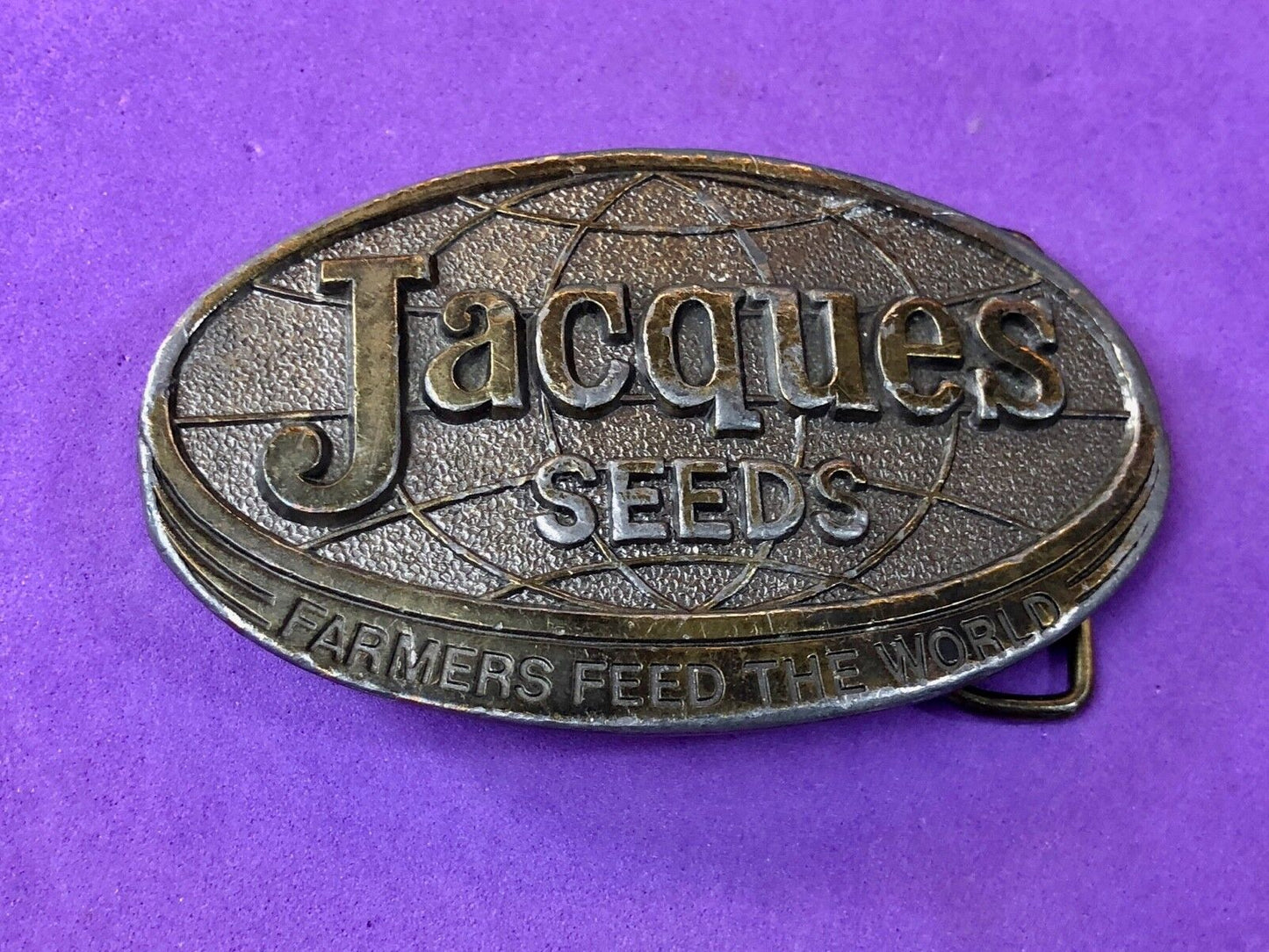 Vintage 1977 JACQUES SEEDS farmers feed the world belt buckle