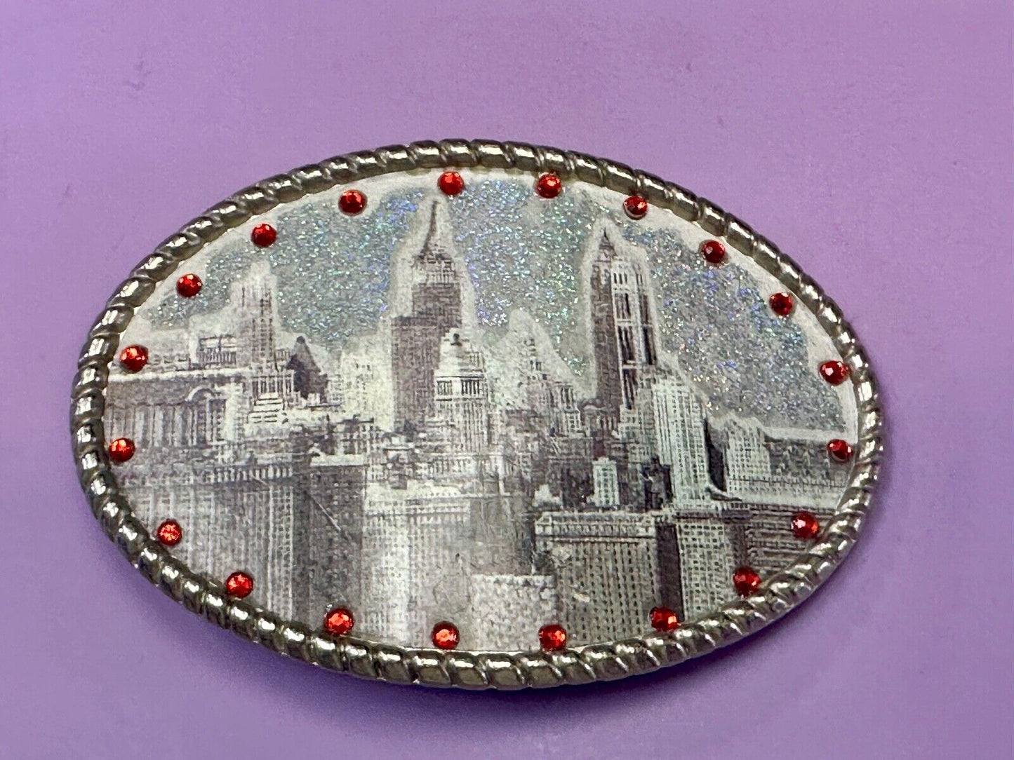 Vintage City Scape Picture Red Rhinestone Accented Oval Belt Buckle