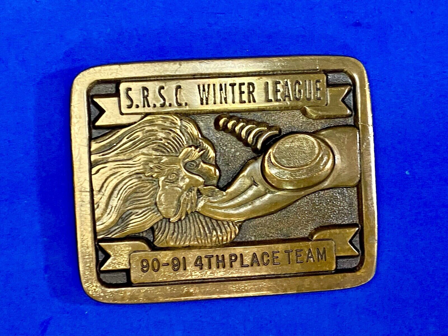 Vintage 1990 Trophy Belt Buckle Srsc Winter League Sports Teams Old Man Winter