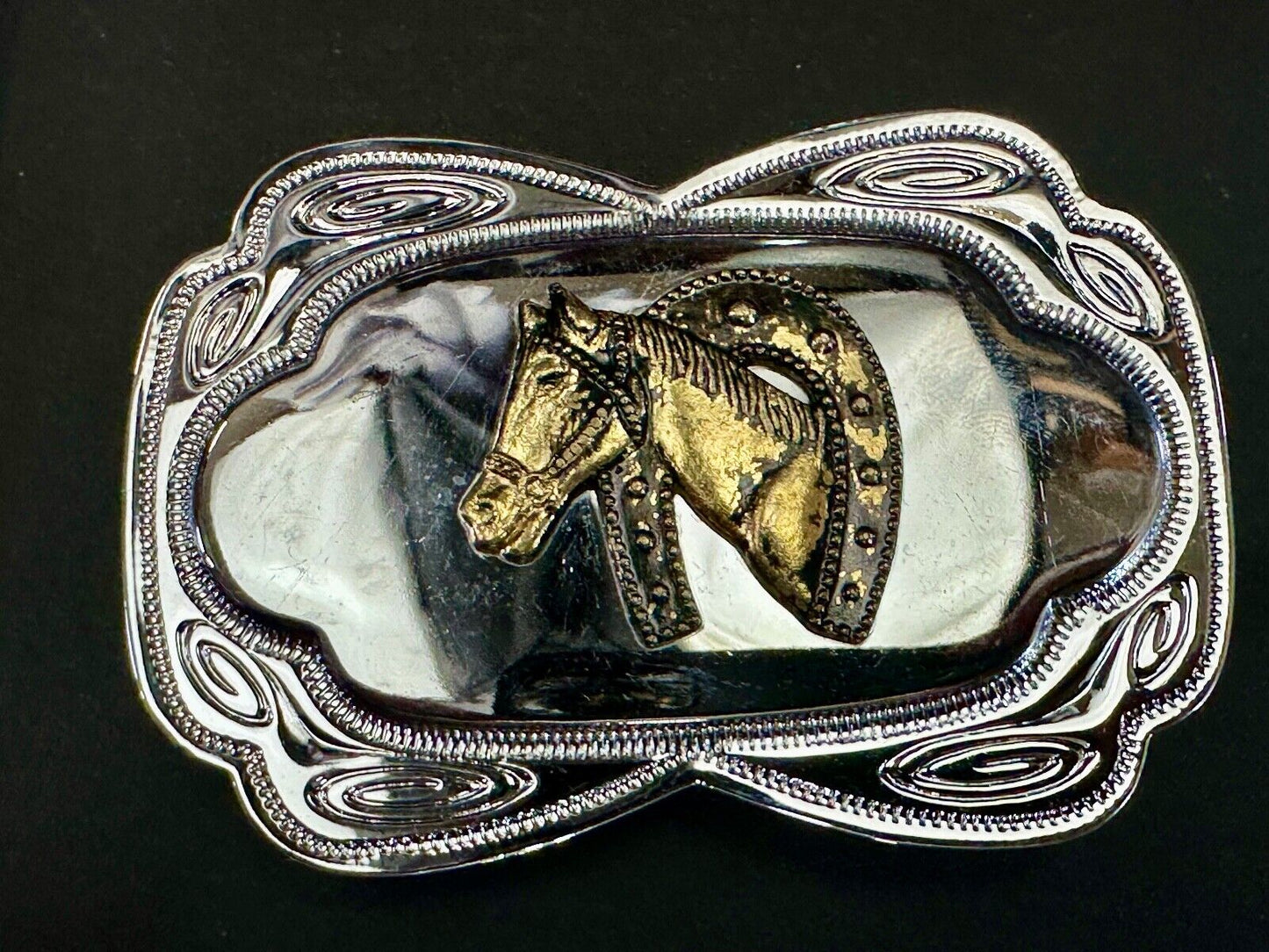 Beautiful Horse head / lucky horseshoe - two tone reflective belt buckle